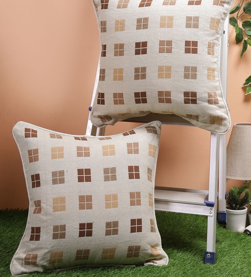 Beige Geometric Cotton 18 x 18 Inches Cushion Covers (Set of 2) by Soumya