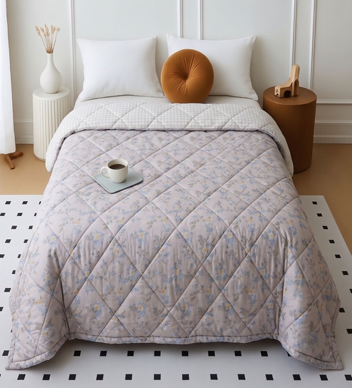Beige Cotton Floral 350 GSM Double Bed Reversible Quilted Comforter