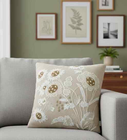 Beige Cotton Linen Bloom- Embroidery 18X18 Inches Knitted Cushion Cover