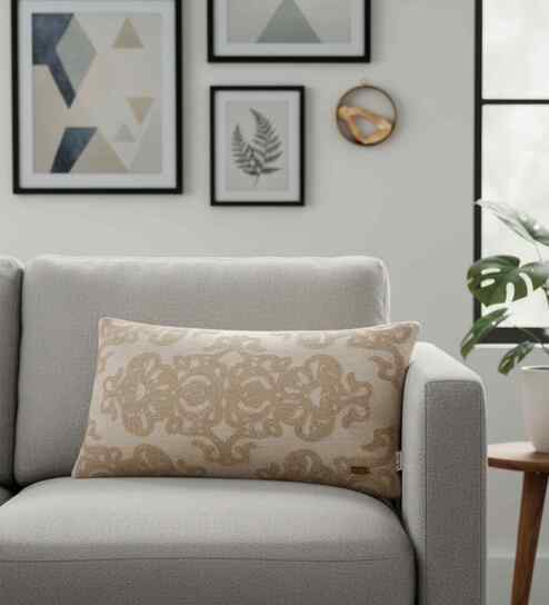 Beige Cotton Linen Damask-Embroidery 12X20 Inches Knitted Cushion Cover