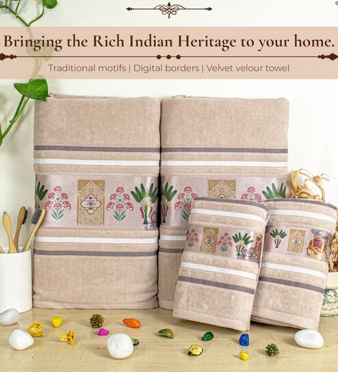 rangoli Beige Cotton Printed 460 GSM Bath & Hand Towels 4Pcs Bath And Hand Towels-picture-25