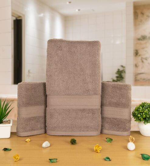 Beige Cotton Solid  500 GSM Bath & Hand Towels Pack of 3 (1Bath 2 Hand)