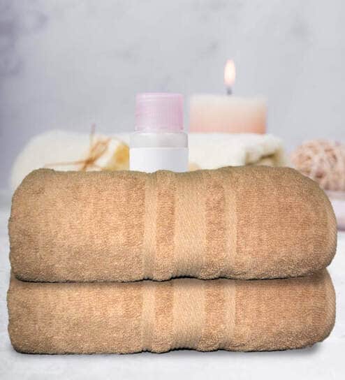 Beige Cotton Solid 500 GSM Bath Towels (Set of 2)