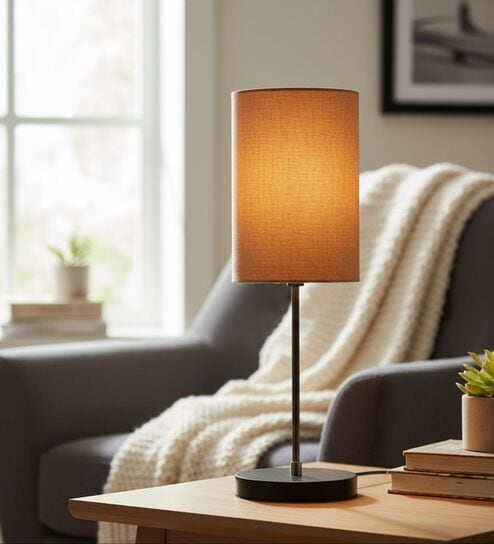 Beige Cylinder Fabric Shade with Modern Silver & Black Table Lamp for Bedroom & Living Room