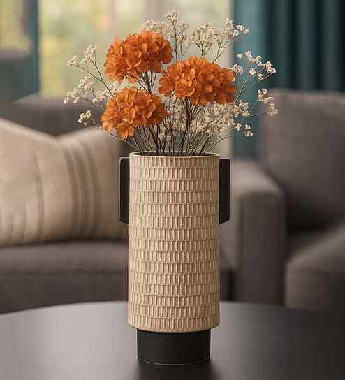 Beige Decorative Smooth Matte Finish Ceramic Cylindrical Shaped Vase