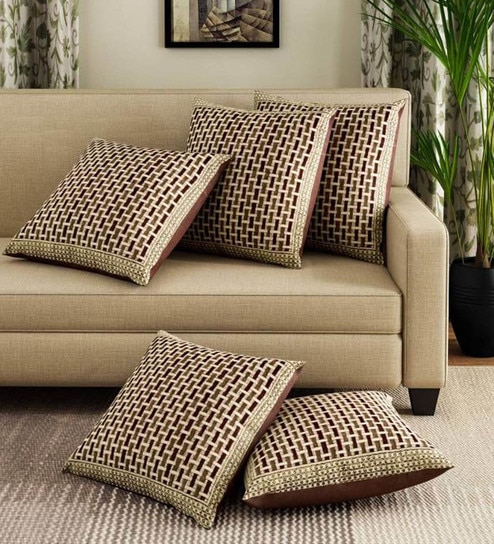 Beige Chenille Checkered 16x16 inches Cushion Cover (5Pc)