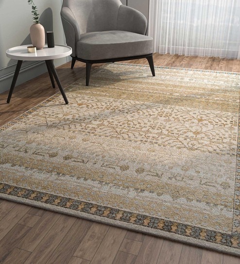 Beige Distressed Wool 8 ft x 10 ft Hand Knotted Carpet