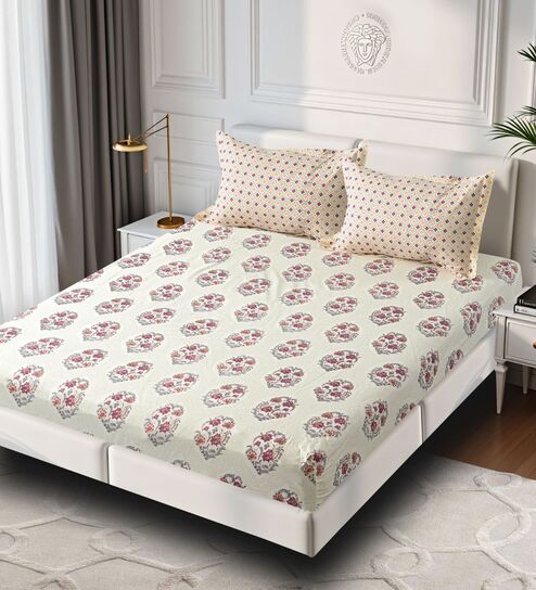 Beige Ethnic Print 180 TC Cotton King Bedhseet 2 pillow covers