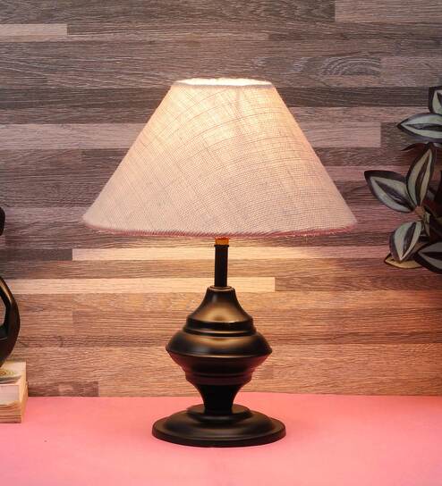 Beige Fabric Shade Table Lamp With Black Base By Foziq