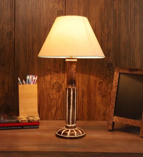Beige Fabric Shade Table Lamp with White and Brown Base