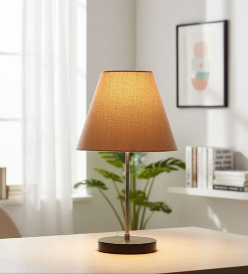 Beige Fabric Shade with Modern Silver & Black Table Lamp for Bedroom & Living Room