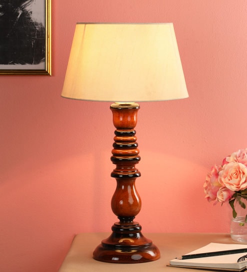 Beige Fabric Shade Table Lamp With Brown Base By Foziq