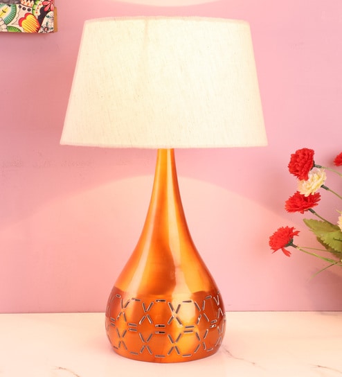 Beige Fabric Shade Table Lamp with Orange Base by Foziq