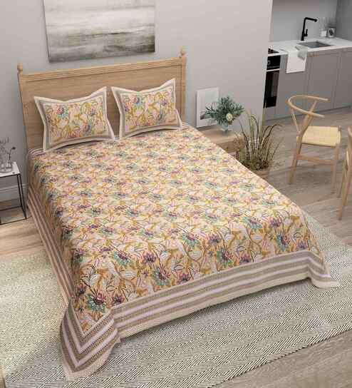 Beige Floral 180 TC Cotton  King Sized Bedsheet with 2 Pillow Covers