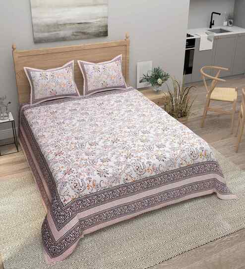 Beige Floral 180 TC Cotton  King Sized Bedsheet with 2 Pillow Covers