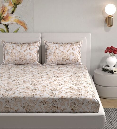 Beige Floral 180 TC Cotton King Bedhseet 2 pillow covers