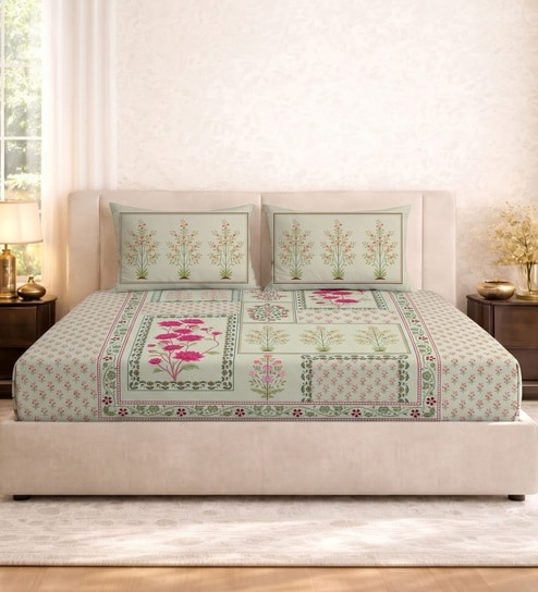 Beige Floral 180 TC Cotton King Sized Bedsheet With 2 Pillow Covers
