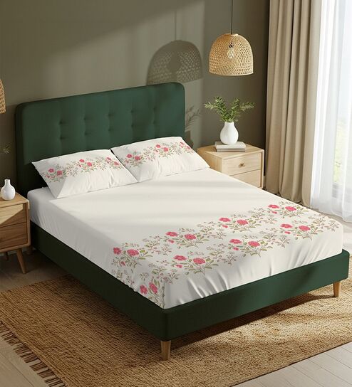 Beige Floral 200 TC Cotton King Sized Fitted Bedsheet with 2 Pillow Covers