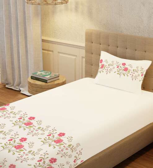 Beige Floral 200 TC Cotton Single Bedsheet with 1 Pillow Cover