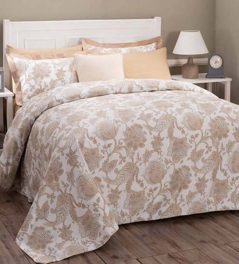 Beige Floral 210 TC 100% Cotton (Set of 8) Double Bed Bedding Sets by Maspar