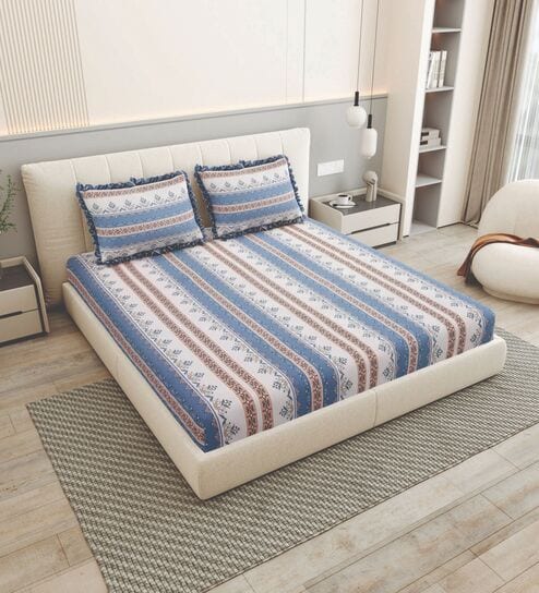Blue Floral 260 Tc Polycotton King Fitted Bedsheet With 2 Pillow Covers
