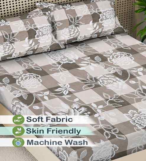 Beige Floral 300 TC Cotton Blend King Size Fitted Double Bedsheet with 2 Pillow Covers