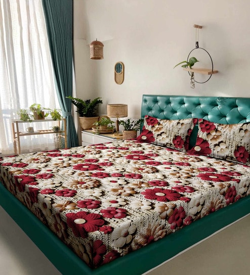 Beige Floral 7D King Size Cotton Blend Double Bedsheet with 2 Pillow Covers