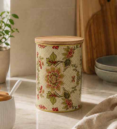 vareesha Beige Floral Printed Metal Airtight Storage Container With Wooden Lid-picture-42