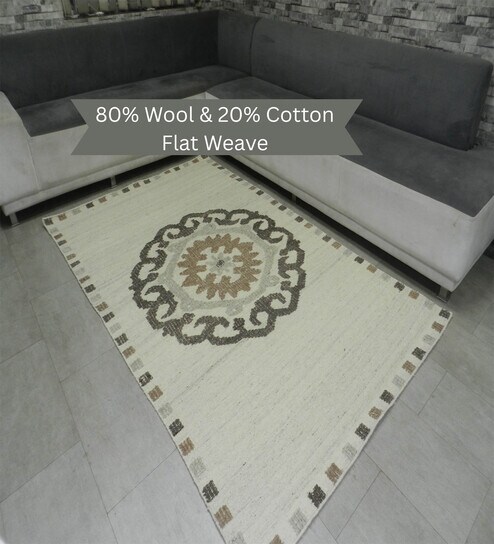Beige Floral Wool 8X5 Feet Hand Woven Carpet-image-29