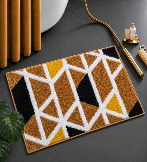 Beige Geomatric Microfibre 24X16 Inches Anti-Skid Bath Mat
