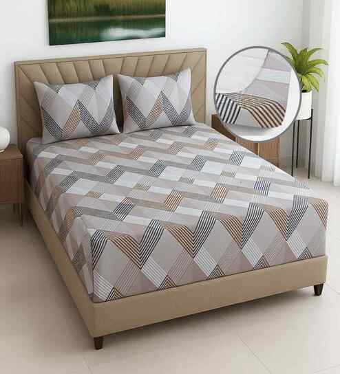 Beige Geometric 270 TC Polcotton Queen Sized  Fitted Double Bedsheet with 2 Pillow Covers Luxury Series Collection