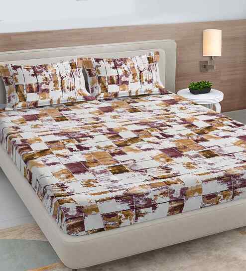 Beige Geometric 300 TC Cotton Blend King Size Double Bedsheet with 2 Pillow Covers
