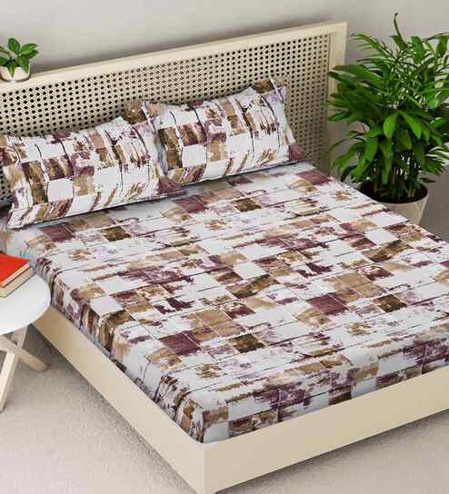 Beige Geometric 300 TC Cotton Blend King Size Fitted Double Bedsheet with 2 Pillow Covers