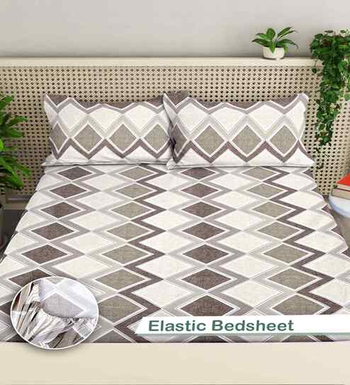 Beige Geometric 300 TC Cotton Blend King Size Fitted Double Bedsheet with 2 Pillow Covers