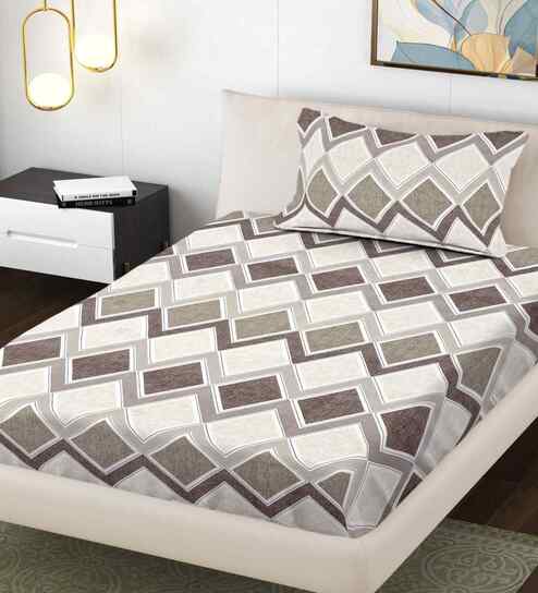 Beige Geometric 300 TC Cotton Blend Single Bedsheet with 1 Pillow Cover