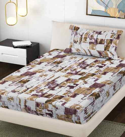 Beige Geometric 300 TC Cotton Blend Single Bedsheet with 1 Pillow Cover