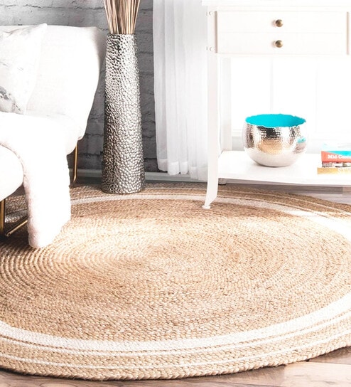 Beige Geometric Jute 3 ftx3 ft Hand Woven Carpet