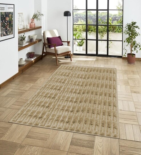 Beige Geometric Polyester Blend 4 X 6 Feet Machine Made Carpet