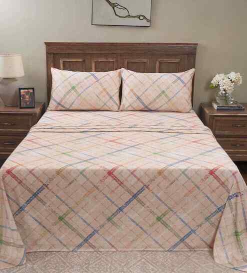 Beige Geometric Print 200 TC Cotton Double Bed Sheet with 2 Pillow Covers Eclectic Geo Collection