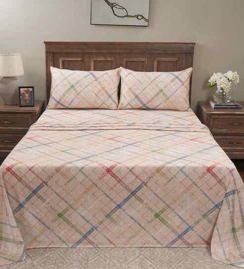 Beige Geometric Print 200 TC Cotton King Size Bed Sheet with 2 Pillow Covers Eclectic Geo Collection
