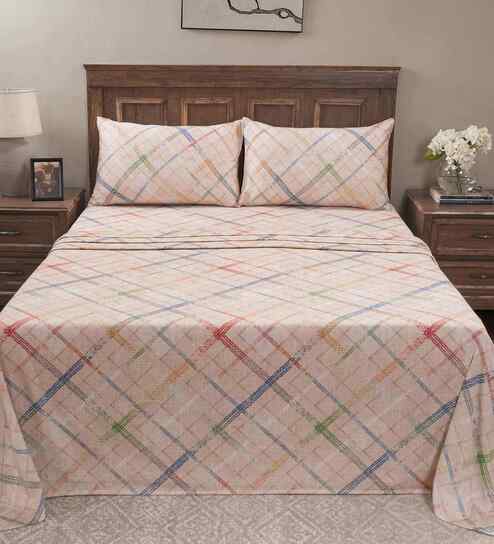 Beige Geometric Print 200 TC Cotton Single Bed Sheet with 1 Pillow Cover Eclectic Geo Collection