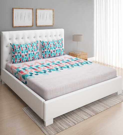 Beige Geometric 144 TC Microfiber Double Sized Bedsheet With 2 Pillow Covers
