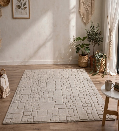 Beige Geometric Wool And Cotton 8 X 5 Feet Hand Tufted Carpet