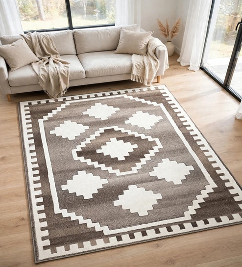 Beige Geometric Wool And Cotton 8 X 5 Feet Hand Tufted Carpet