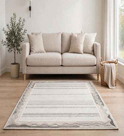 Beige Geometric Wool And Cotton 8 X 5 Feet Hand Tufted Carpet