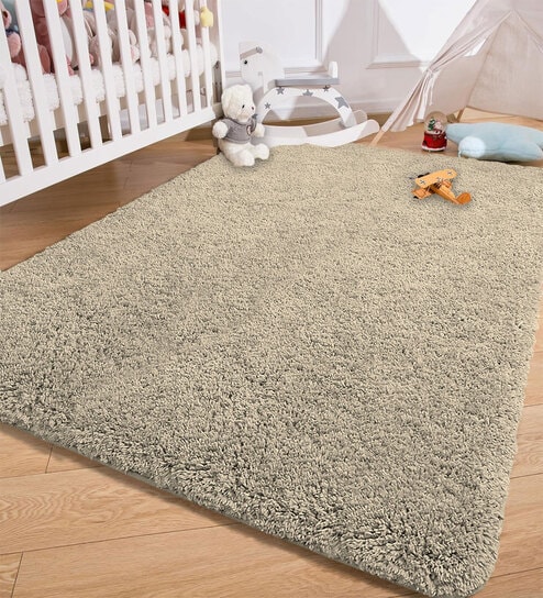 Beige Solidal Microfiber 3 x 5 Feet Machine Made Carpet