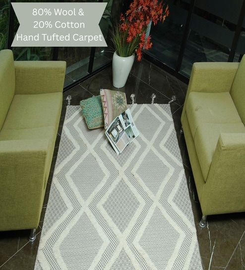 Beige Geometrical Wool Hand Tufted Carpet-image-41