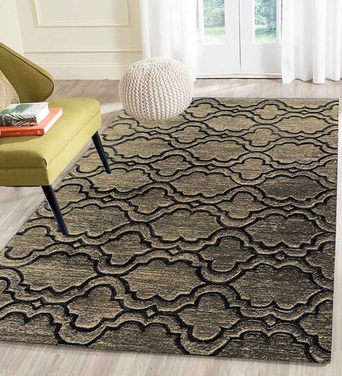 Beige Geometrical Wool 4 ft x 6 ft Hand Tufted Carpet