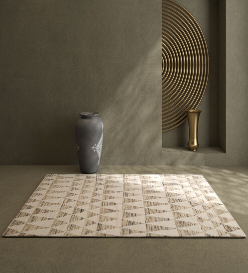 Beige Geometrical Wool 5'3 ft X 7'6 ft Flat Weaves