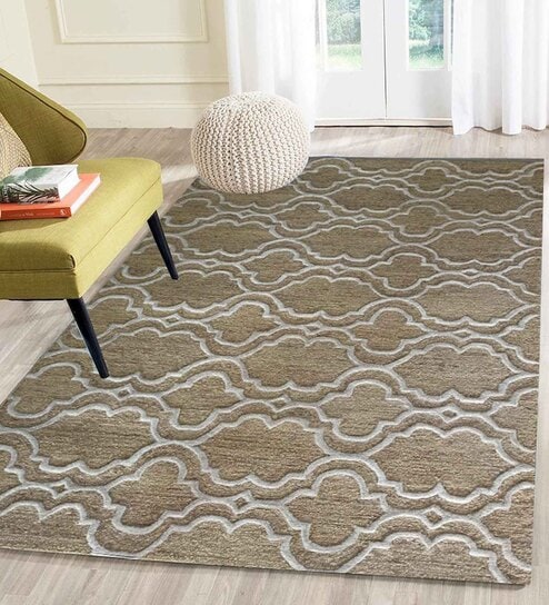 Beige Geometrical Wool 5 ft x 7 ft Hand Tufted Carpet